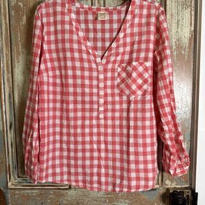 Faded Glory Women's Button-Down Shirt  Pink/white Gingham L Pocket Long Sleeve.